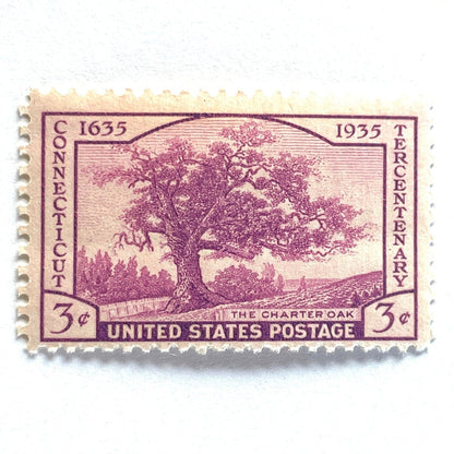 Image of Connecticut Tercentenary postage stamps from 1935, featuring the historic Charter Oak of Hartford on vintage unused 3-cent USPS postage, Scott 772.
