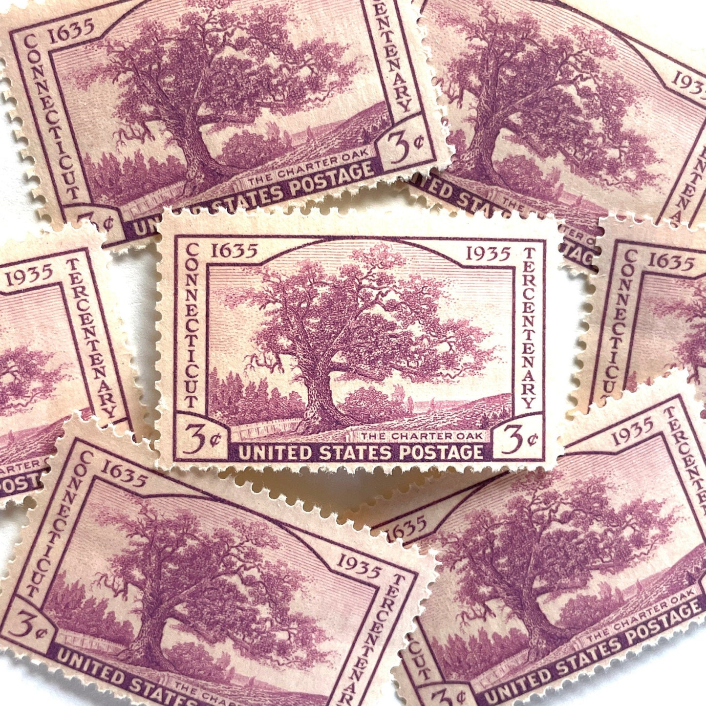 Image of Connecticut Tercentenary postage stamps from 1935, featuring the historic Charter Oak of Hartford on vintage unused 3-cent USPS postage, Scott 772.