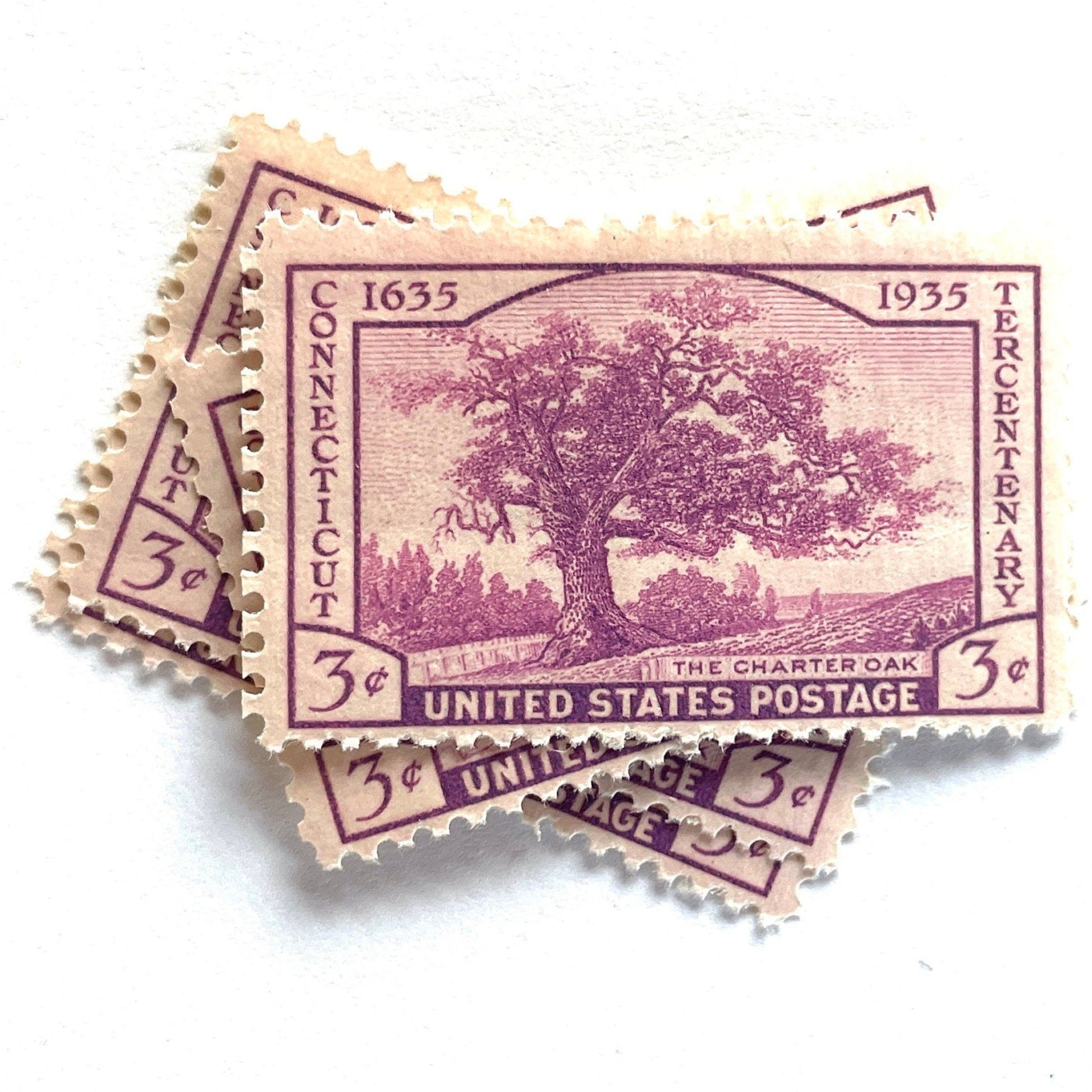 Image of Connecticut Tercentenary postage stamps from 1935, featuring the historic Charter Oak of Hartford on vintage unused 3-cent USPS postage, Scott 772.