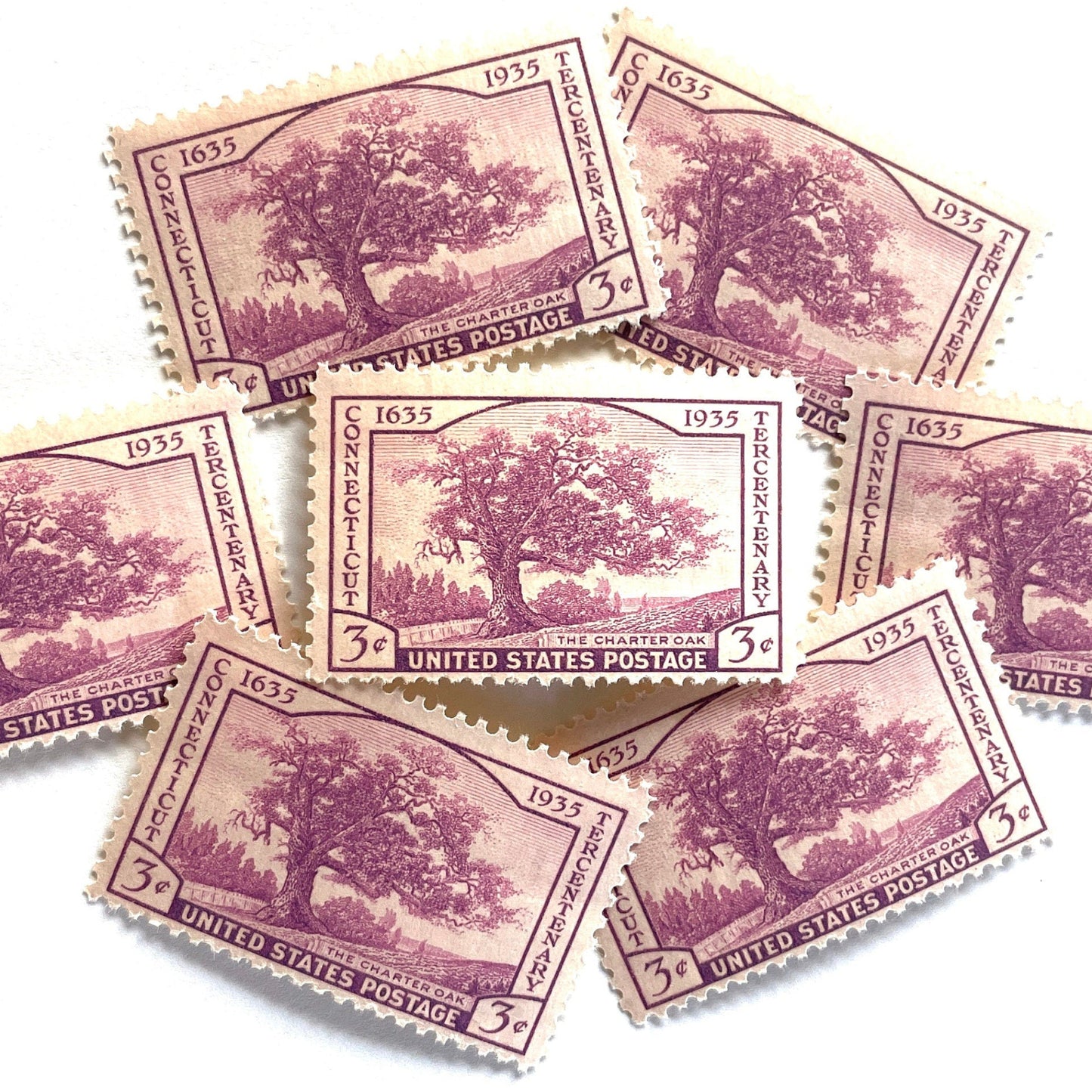 Image of Connecticut Tercentenary postage stamps from 1935, featuring the historic Charter Oak of Hartford on vintage unused 3-cent USPS postage, Scott 772.