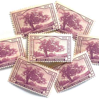 Image of Connecticut Tercentenary postage stamps from 1935, featuring the historic Charter Oak of Hartford on vintage unused 3-cent USPS postage, Scott 772.