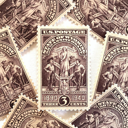 Image of Wyoming Statehood postage stamps from 1940, featuring the Wyoming state seal in brown on vintage unused 3-cent USPS postage, Scott 897.