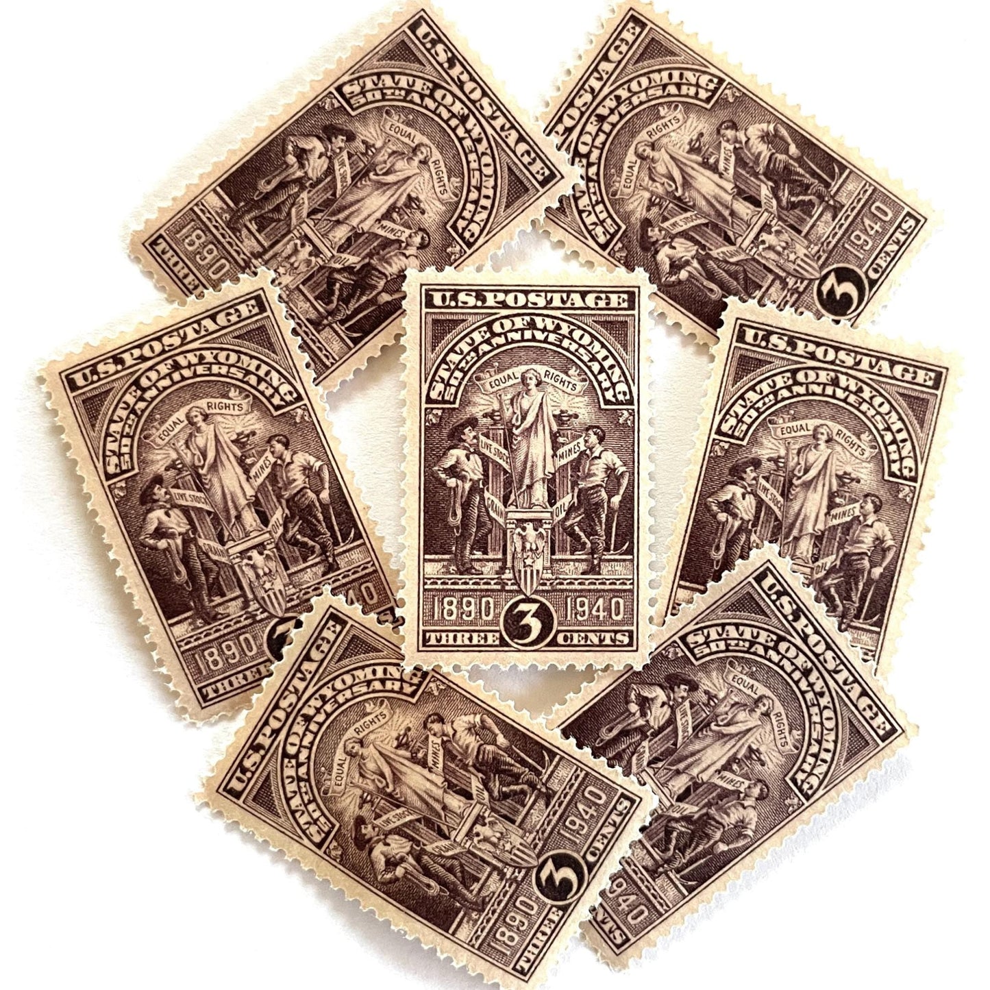 Image of Wyoming Statehood postage stamps from 1940, featuring the Wyoming state seal in brown on vintage unused 3-cent USPS postage, Scott 897.