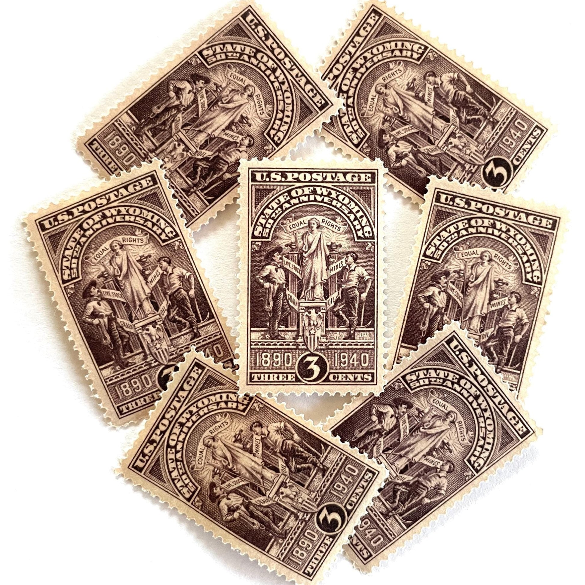 Image of Wyoming Statehood postage stamps from 1940, featuring the Wyoming state seal in brown on vintage unused 3-cent USPS postage, Scott 897.