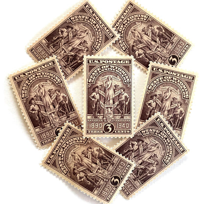 Image of Wyoming Statehood postage stamps from 1940, featuring the Wyoming state seal in brown on vintage unused 3-cent USPS postage, Scott 897.