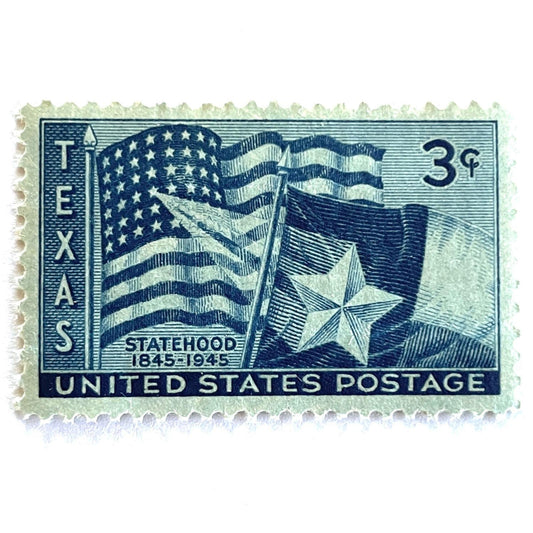 Image of 1945 Texas Statehood 3-cent dark blue postage stamps. Scott #938. Stamp themes: Texas, Lone Star State, Texas flag, U.S. flag, patriotic, statehood centennial, American history.