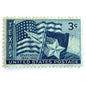 Image of 1945 Texas Statehood 3-cent dark blue postage stamps. Scott #938. Stamp themes: Texas, Lone Star State, Texas flag, U.S. flag, patriotic, statehood centennial, American history.