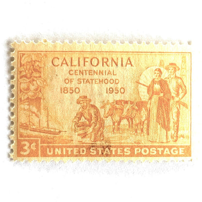 Vintage unused 1950 California Statehood Centennial postage stamps featuring a Gold Rush miner panning for gold and citrus fruit imagery. Perfect for California weddings, Western mailings, travel correspondence, and historic postage collections. Scott 997.