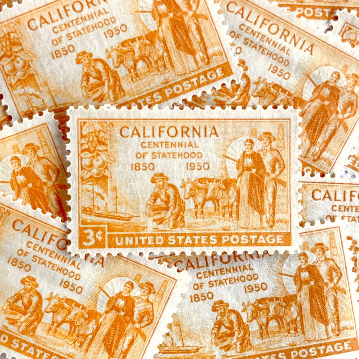 Vintage unused 1950 California Statehood Centennial postage stamps featuring a Gold Rush miner panning for gold and citrus fruit imagery. Perfect for California weddings, Western mailings, travel correspondence, and historic postage collections. Scott 997.