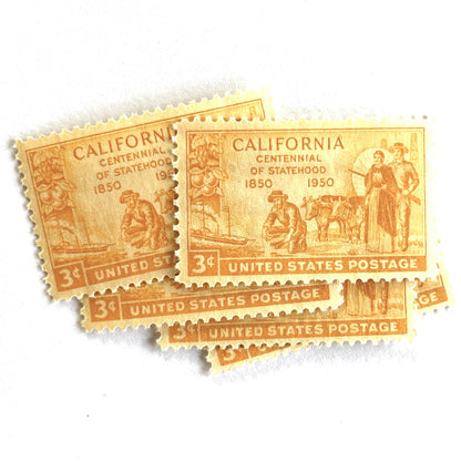 Vintage unused 1950 California Statehood Centennial postage stamps featuring a Gold Rush miner panning for gold and citrus fruit imagery. Perfect for California weddings, Western mailings, travel correspondence, and historic postage collections. Scott 997.