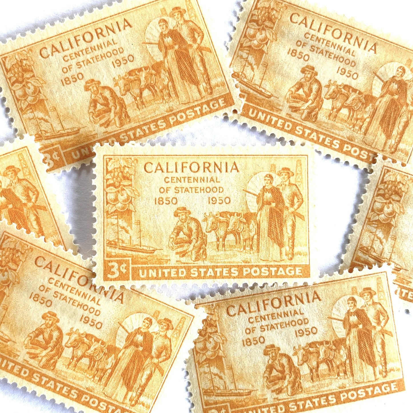 Vintage unused 1950 California Statehood Centennial postage stamps featuring a Gold Rush miner panning for gold and citrus fruit imagery. Perfect for California weddings, Western mailings, travel correspondence, and historic postage collections. Scott 997.
