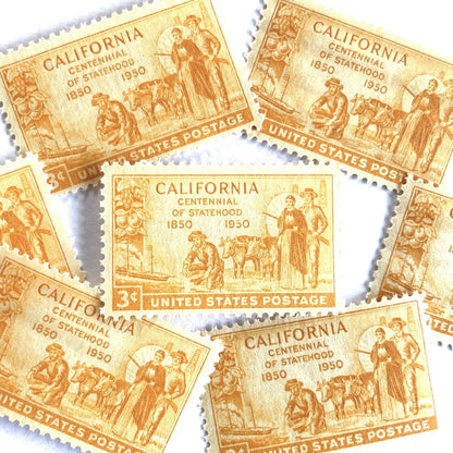 Vintage unused 1950 California Statehood Centennial postage stamps featuring a Gold Rush miner panning for gold and citrus fruit imagery. Perfect for California weddings, Western mailings, travel correspondence, and historic postage collections. Scott 997.
