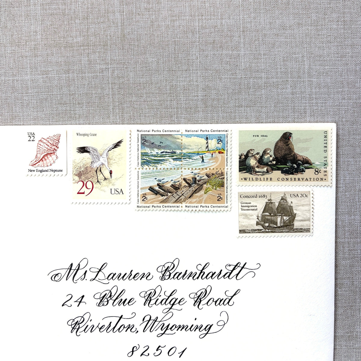 Unused vintage beach stamp set for mailing beach, nautical, coastal, and marine-themed save-the-dates, wedding invitations, bridal shower invitations, and other special correspondence. Each curated set is comprised of eight unused stamps with a total USPS postage value of 87 cents — enough postage to mail a standard rectangular envelope that weighs up to one ounce.