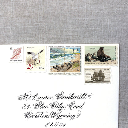 Unused vintage beach stamp set for mailing beach, nautical, coastal, and marine-themed save-the-dates, wedding invitations, bridal shower invitations, and other special correspondence. Each curated set is comprised of eight unused stamps with a total USPS postage value of 87 cents — enough postage to mail a standard rectangular envelope that weighs up to one ounce.