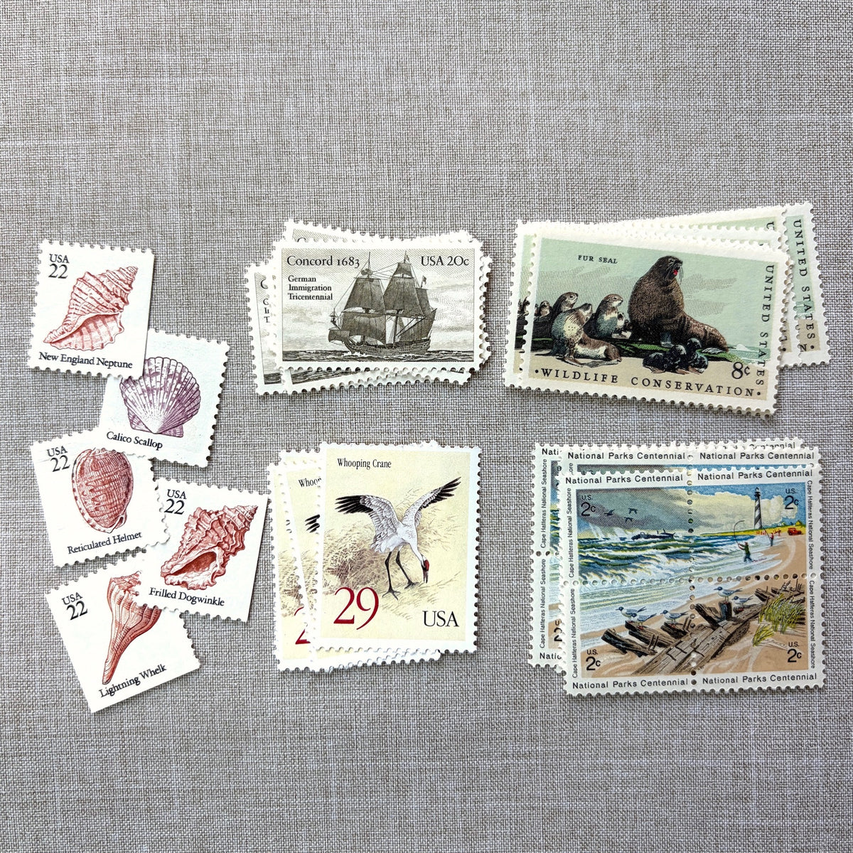 Unused vintage beach stamp set for mailing beach, nautical, coastal, and marine-themed save-the-dates, wedding invitations, bridal shower invitations, and other special correspondence. Each curated set is comprised of eight unused stamps with a total USPS postage value of 87 cents — enough postage to mail a standard rectangular envelope that weighs up to one ounce.