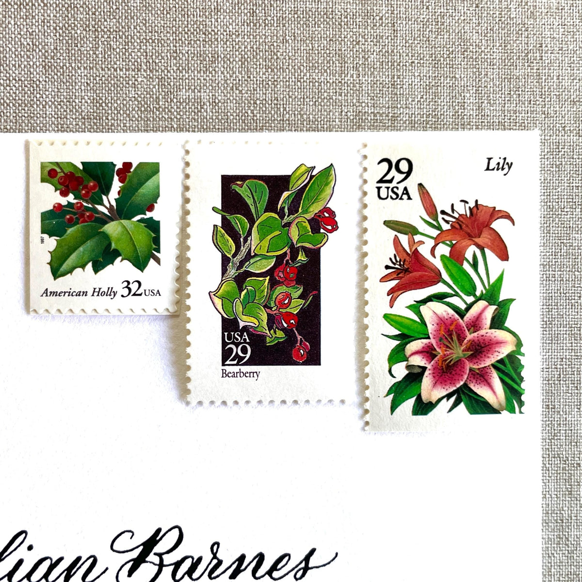 Unused “Botanical Christmas” vintage postage stamp set perfect for adding a special touch to your holiday cards or letters! Each curated set is comprised of three (3) unused stamps with a total USPS postage value of $0.90 (USD) per set — enough postage to mail a standard letter weighing up to 1-ounce.