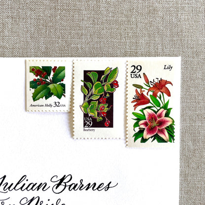 Unused “Botanical Christmas” vintage postage stamp set perfect for adding a special touch to your holiday cards or letters! Each curated set is comprised of three (3) unused stamps with a total USPS postage value of $0.90 (USD) per set — enough postage to mail a standard letter weighing up to 1-ounce.