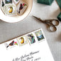 Vintage botanical postage stamp set featuring Crested Honeycreeper, Lady’s-Slipper Orchid, Jack-in-the-Pulpit Wildflower, and Louis Comfort Tiffany unused U.S. stamps for wedding invitations and save-the-dates.