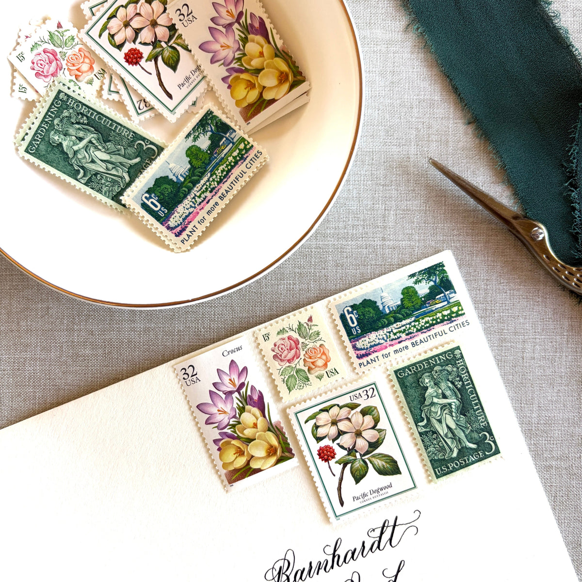 Unused vintage stamp set perfect for mailing garden botanical-themed wedding invitations, save-the-dates, engagement announcements,  bridal shower invites, or other special correspondence. Each curated set is comprised of five unused stamps with a total USPS postage value of 88 cents, enough postage to mail a standard letter weighing up to 1 ounce. These unused U.S. stamps are perfectly valid for use as postage for mailing with USPS.
