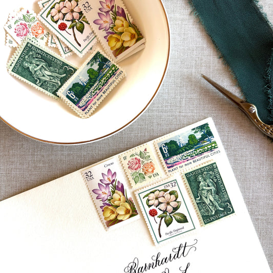 Unused vintage stamp set perfect for mailing garden botanical-themed wedding invitations, save-the-dates, engagement announcements,  bridal shower invites, or other special correspondence. Each curated set is comprised of five unused stamps with a total USPS postage value of 88 cents, enough postage to mail a standard letter weighing up to 1 ounce. These unused U.S. stamps are perfectly valid for use as postage for mailing with USPS.