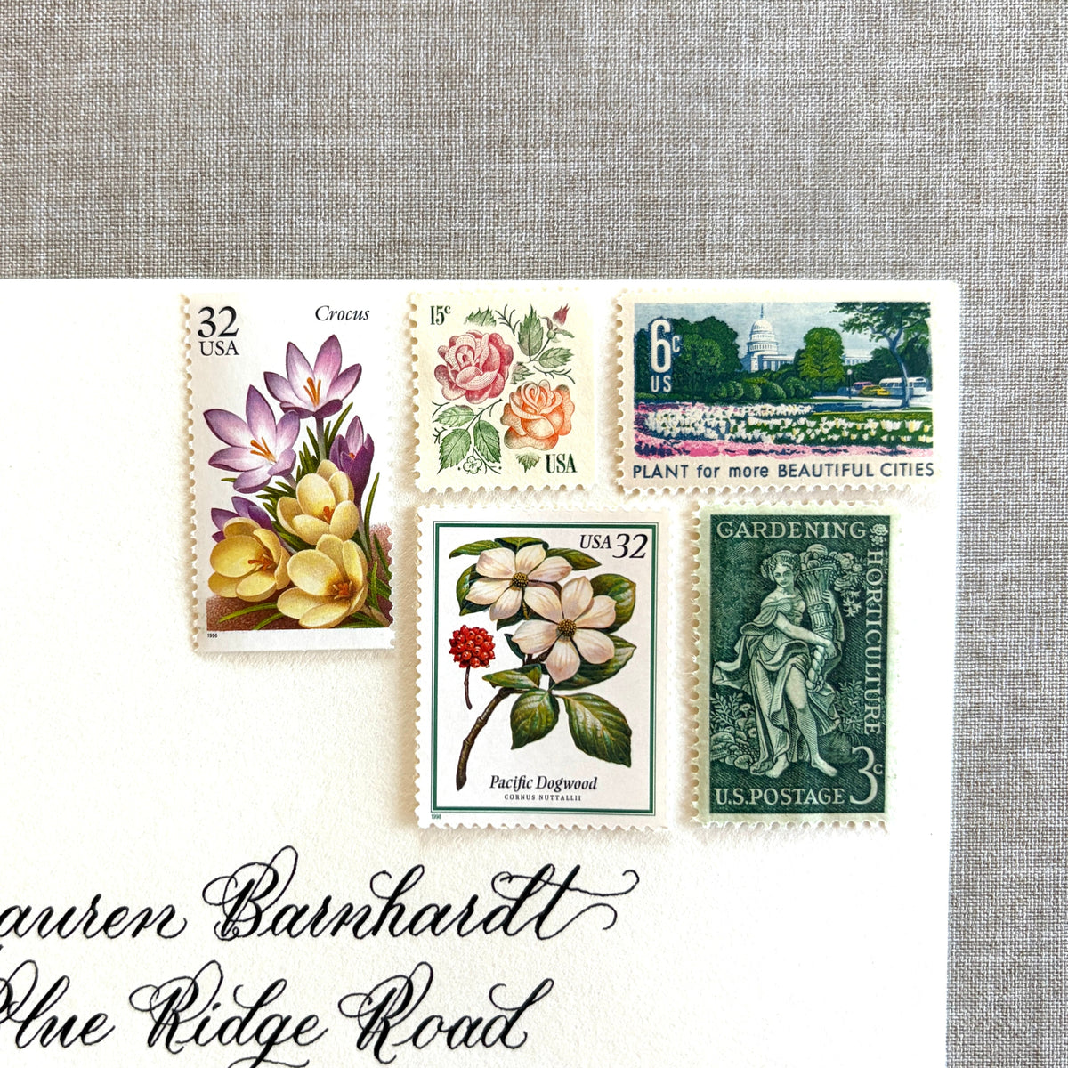 Unused vintage stamp set perfect for mailing garden botanical-themed wedding invitations, save-the-dates, engagement announcements,  bridal shower invites, or other special correspondence. Each curated set is comprised of five unused stamps with a total USPS postage value of 88 cents, enough postage to mail a standard letter weighing up to 1 ounce. These unused U.S. stamps are perfectly valid for use as postage for mailing with USPS.