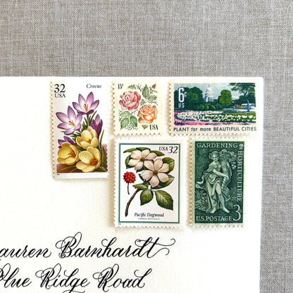 Unused vintage stamp set perfect for mailing garden botanical-themed wedding invitations, save-the-dates, engagement announcements,  bridal shower invites, or other special correspondence. Each curated set is comprised of five unused stamps with a total USPS postage value of 88 cents, enough postage to mail a standard letter weighing up to 1 ounce. These unused U.S. stamps are perfectly valid for use as postage for mailing with USPS.