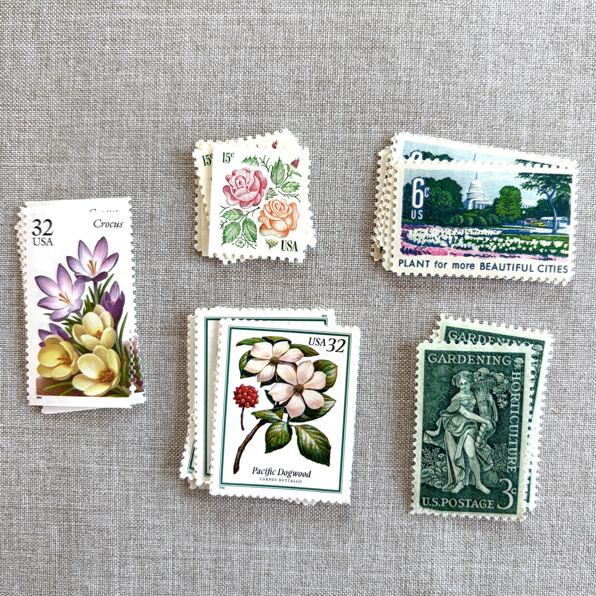 Unused vintage stamp set perfect for mailing garden botanical-themed wedding invitations, save-the-dates, engagement announcements,  bridal shower invites, or other special correspondence. Each curated set is comprised of five unused stamps with a total USPS postage value of 88 cents, enough postage to mail a standard letter weighing up to 1 ounce. These unused U.S. stamps are perfectly valid for use as postage for mailing with USPS.