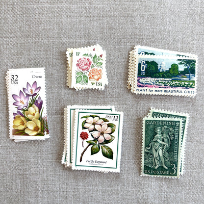 Unused vintage stamp set perfect for mailing garden botanical-themed wedding invitations, save-the-dates, engagement announcements,  bridal shower invites, or other special correspondence. Each curated set is comprised of five unused stamps with a total USPS postage value of 88 cents, enough postage to mail a standard letter weighing up to 1 ounce. These unused U.S. stamps are perfectly valid for use as postage for mailing with USPS.