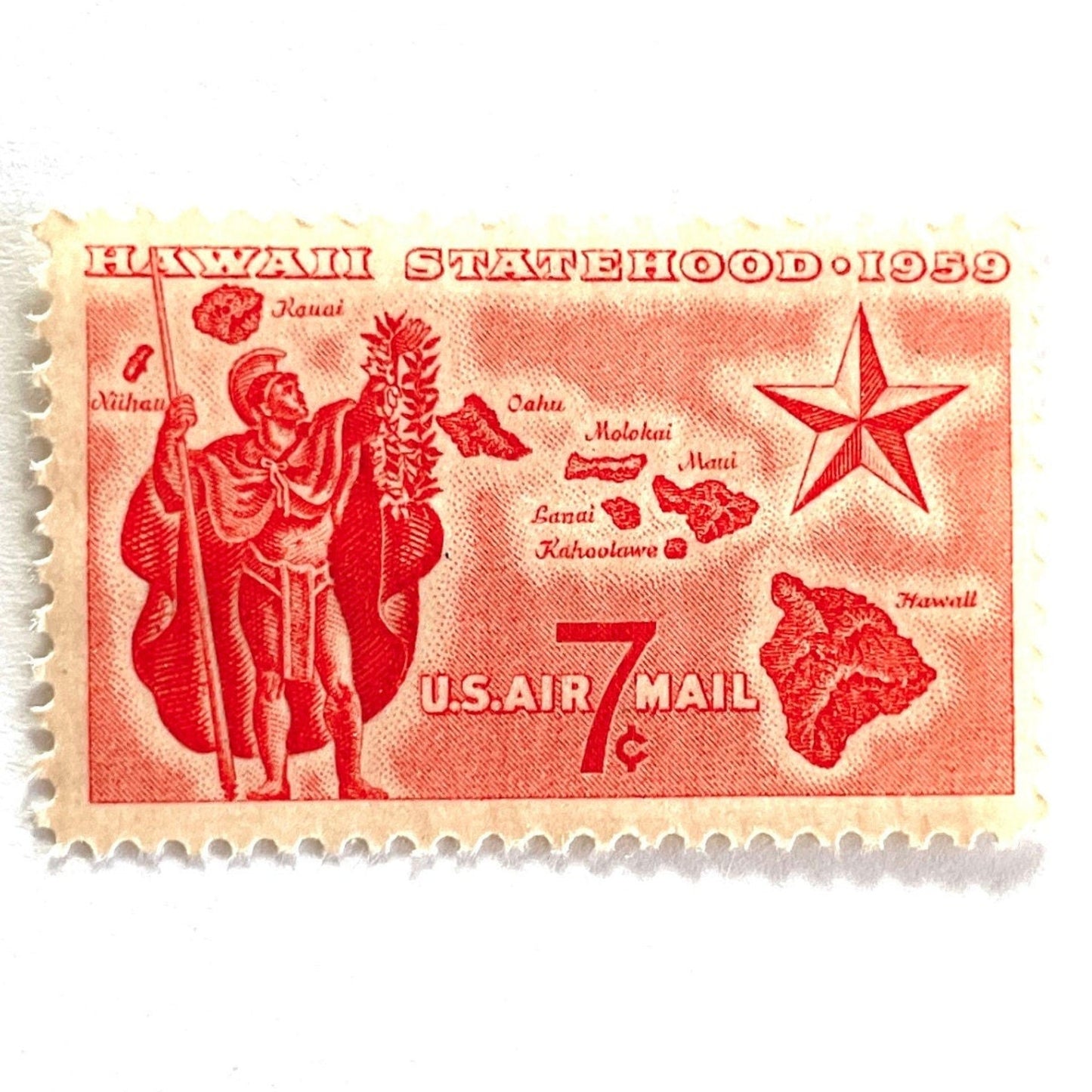 Image of Hawaii Statehood airmail postage stamps from 1959, featuring a Hawaiian Aliʻi extending a lei, a map of the Hawaiian Islands, and a star of statehood on vintage unused 7-cent USPS postage, Scott C55.