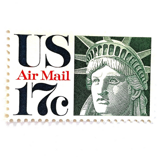 Image of 17-cent Airmail 1983 Liberty Crown USPS postage stamp featuring the Statue of Liberty. Scott #C80. Stamp themes: State of Liberty, Liberty Head, Lady Liberty, New York, NYC, Big Apple, Liberty Island, Immigrants, Immigration, Hope, Freedom, Refuge, Democracy, Crown, Torch, Tablet, Landmark, National Monument, United States of America. Green postage stamp.