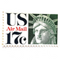 Image of 17-cent Airmail 1983 Liberty Crown USPS postage stamp featuring the Statue of Liberty. Scott #C80. Stamp themes: State of Liberty, Liberty Head, Lady Liberty, New York, NYC, Big Apple, Liberty Island, Immigrants, Immigration, Hope, Freedom, Refuge, Democracy, Crown, Torch, Tablet, Landmark, National Monument, United States of America. Green postage stamp.