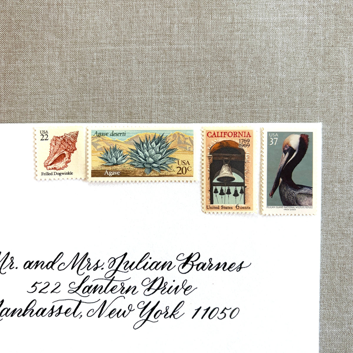 Unused vintage stamp set perfect for mailing California wedding invitations, save-the-dates, or other special correspondence. Each curated set is comprised of four unused stamps with a total USPS postage value of 85 cents, enough postage to mail a standard rectangular envelope that weighs up to one ounce. These stamps are perfectly valid for use as postage for mailing with USPS.