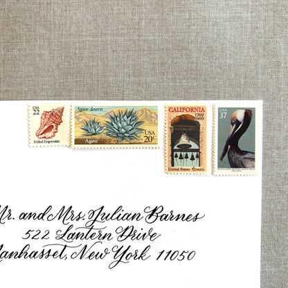 Unused vintage stamp set perfect for mailing California wedding invitations, save-the-dates, or other special correspondence. Each curated set is comprised of four unused stamps with a total USPS postage value of 85 cents, enough postage to mail a standard rectangular envelope that weighs up to one ounce. These stamps are perfectly valid for use as postage for mailing with USPS.