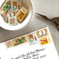 Vintage desert postage stamp set featuring Medallion Rose, Beavertail Cactus, Paloverde, Orange-Tip Butterfly, and Ocotillo unused U.S. stamps for Southwest wedding invitations and save-the-dates.