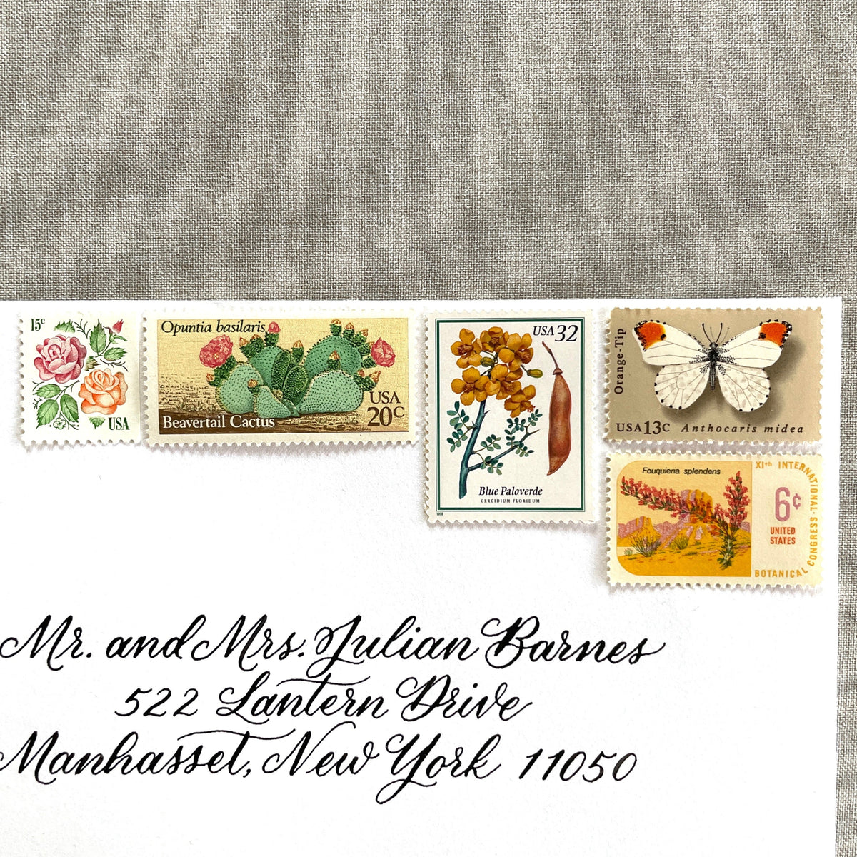Vintage desert postage stamp set featuring Medallion Rose, Beavertail Cactus, Paloverde, Orange-Tip Butterfly, and Ocotillo unused U.S. stamps for Southwest wedding invitations and save-the-dates.