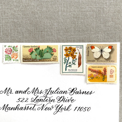 Vintage desert postage stamp set featuring Medallion Rose, Beavertail Cactus, Paloverde, Orange-Tip Butterfly, and Ocotillo unused U.S. stamps for Southwest wedding invitations and save-the-dates.
