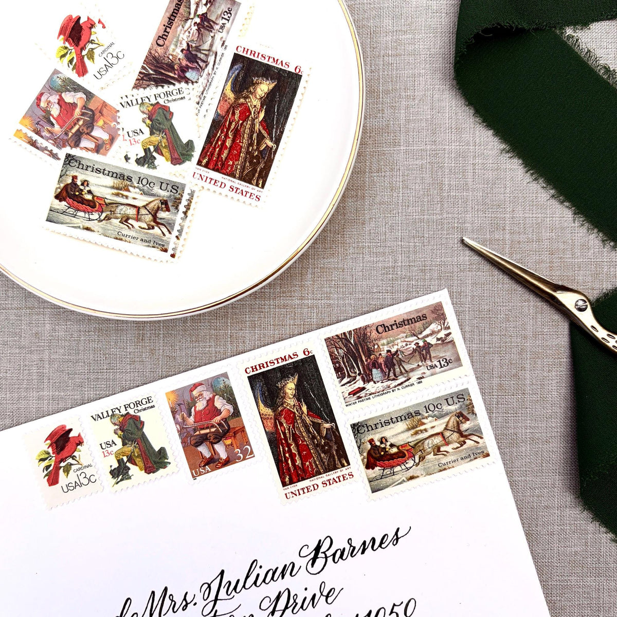 Unused vintage stamp set perfect for adding a special touch to your holiday cards or letters! Each curated set is comprised of six (6) unused stamps with a total USPS postage value of $0.87 per set — enough postage to mail a standard letter weighing up to 1-ounce.