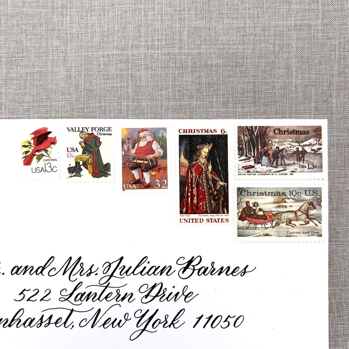 Unused vintage stamp set perfect for adding a special touch to your holiday cards or letters! Each curated set is comprised of six (6) unused stamps with a total USPS postage value of $0.87 per set — enough postage to mail a standard letter weighing up to 1-ounce.