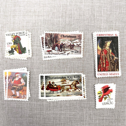 Unused vintage stamp set perfect for adding a special touch to your holiday cards or letters! Each curated set is comprised of six (6) unused stamps with a total USPS postage value of $0.87 per set — enough postage to mail a standard letter weighing up to 1-ounce.