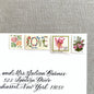 ALT TEXT:  Image of four unused vintage stamps curated and arranged in a USPS postage stamp set for mailing floral and love-themed save-the-dates, wedding invitations, bridal shower invitations, and other special correspondence. This postage stamp set is called the “Pink Floral Love” set, is botanically themed, with pink as the predominant color. The total face value of the set is 92-cents USD.