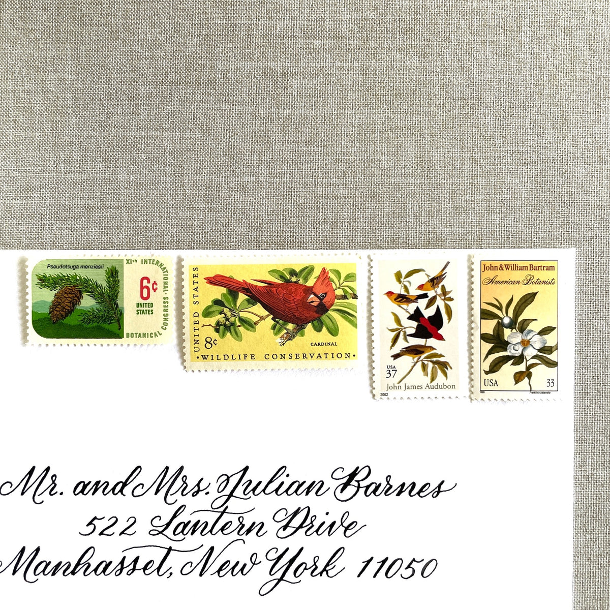 Unused “Gold Botanical Christmas” vintage postage stamp set perfect for adding a special touch to your holiday cards or letters! Each curated set is comprised of four (4) unused stamps with a total USPS postage value of $0.84 (USD) per set — enough postage to mail a standard letter weighing up to 1-ounce.