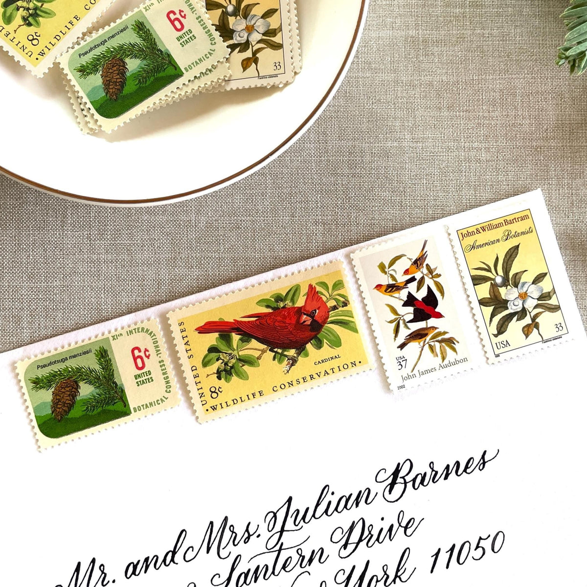 Unused “Gold Botanical Christmas” vintage postage stamp set perfect for adding a special touch to your holiday cards or letters! Each curated set is comprised of four (4) unused stamps with a total USPS postage value of $0.84 (USD) per set — enough postage to mail a standard letter weighing up to 1-ounce.