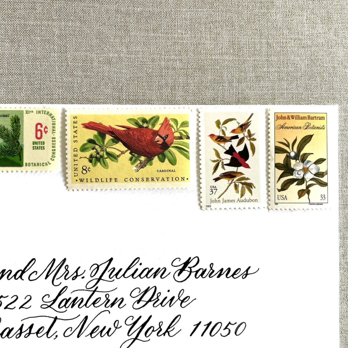 Unused “Gold Botanical Christmas” vintage postage stamp set perfect for adding a special touch to your holiday cards or letters! Each curated set is comprised of four (4) unused stamps with a total USPS postage value of $0.84 (USD) per set — enough postage to mail a standard letter weighing up to 1-ounce.