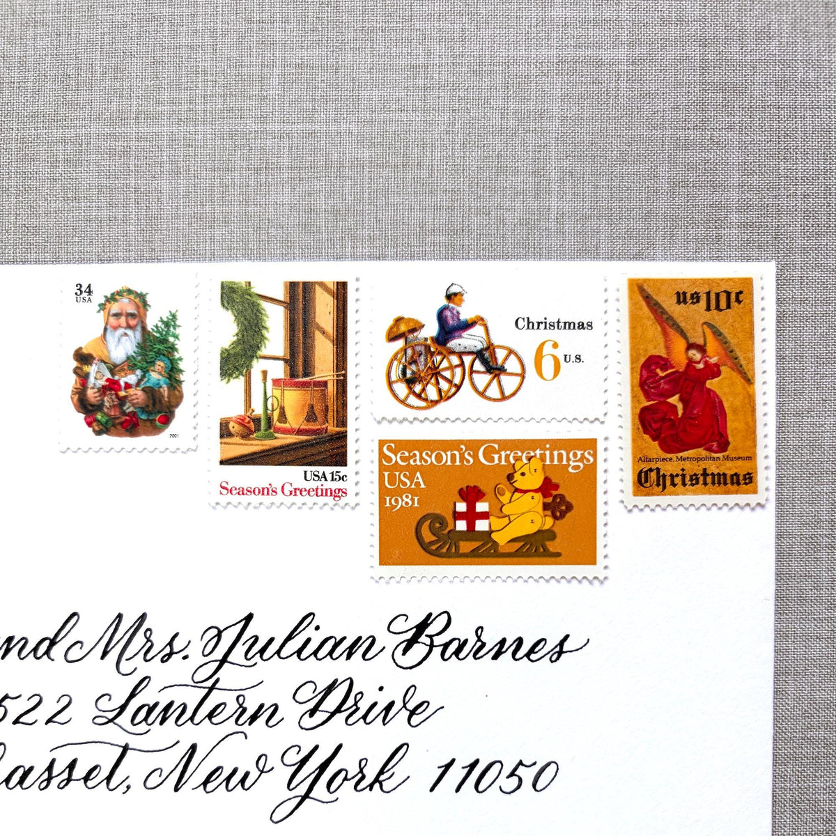 Unused “Gold Santa Christmas” vintage postage stamp set perfect for adding a special touch to your holiday cards or letters! Each curated set is comprised of five (5) unused stamps with a total USPS postage value of $0.85 (USD) per set — enough postage to mail a standard letter weighing up to 1-ounce.