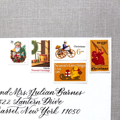 Unused “Gold Santa Christmas” vintage postage stamp set perfect for adding a special touch to your holiday cards or letters! Each curated set is comprised of five (5) unused stamps with a total USPS postage value of $0.85 (USD) per set — enough postage to mail a standard letter weighing up to 1-ounce.