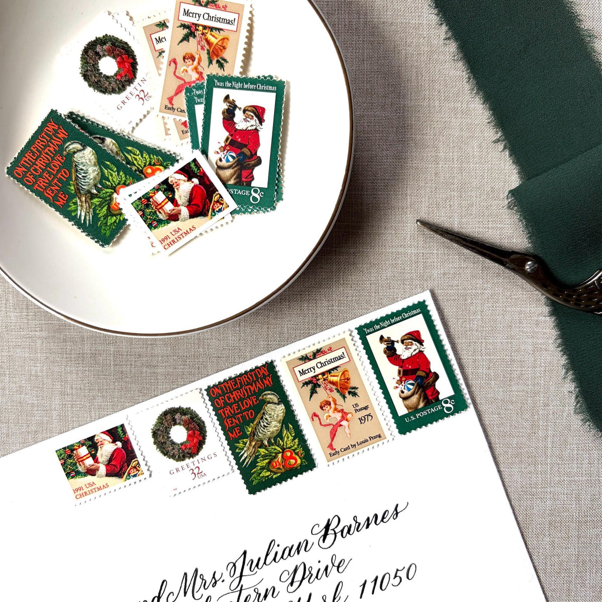 Unused “Green Wreath Christmas” vintage postage stamp set perfect for adding a special touch to your holiday cards or letters! Each curated set is comprised of five (5) unused stamps with a total USPS postage value of $0.87 (USD) per set — enough postage to mail a standard letter weighing up to 1-ounce.