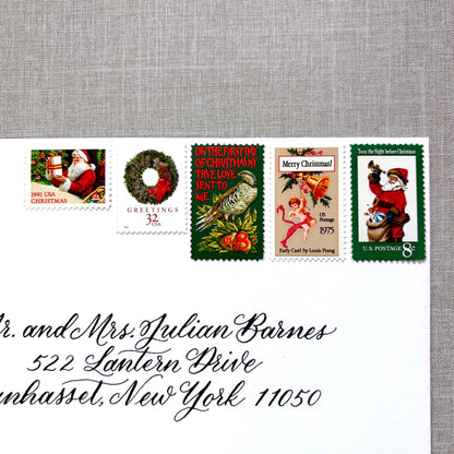 Unused “Green Wreath Christmas” vintage postage stamp set perfect for adding a special touch to your holiday cards or letters! Each curated set is comprised of five (5) unused stamps with a total USPS postage value of $0.87 (USD) per set — enough postage to mail a standard letter weighing up to 1-ounce.