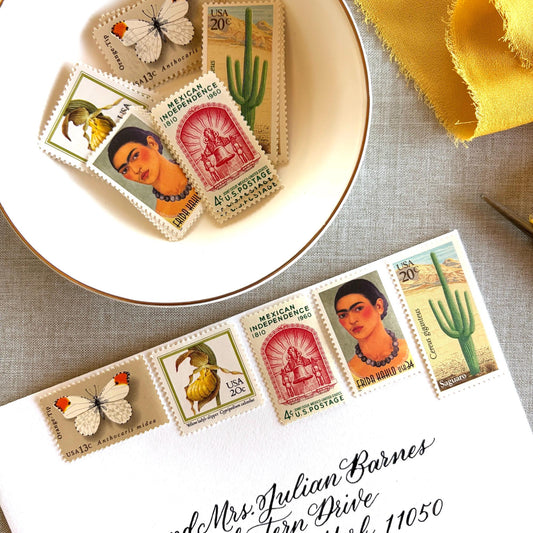 Unused vintage stamp set perfect for mailing Mexican-inspired wedding invitations (e.g. for a destination wedding in Mexico, Southwest wedding), save-the-dates, or other special correspondence. Each curated set is comprised of five (5) unused stamps with a total USPS postage value of $0.91 per set — enough postage to mail a standard letter weighing up to 1 ounce.