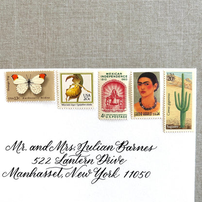 Unused vintage stamp set perfect for mailing Mexican-inspired wedding invitations (e.g. for a destination wedding in Mexico, Southwest wedding), save-the-dates, or other special correspondence. Each curated set is comprised of five (5) unused stamps with a total USPS postage value of $0.91 per set — enough postage to mail a standard letter weighing up to 1 ounce.