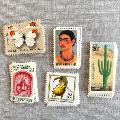 Unused vintage stamp set perfect for mailing Mexican-inspired wedding invitations (e.g. for a destination wedding in Mexico, Southwest wedding), save-the-dates, or other special correspondence. Each curated set is comprised of five (5) unused stamps with a total USPS postage value of $0.91 per set — enough postage to mail a standard letter weighing up to 1 ounce.